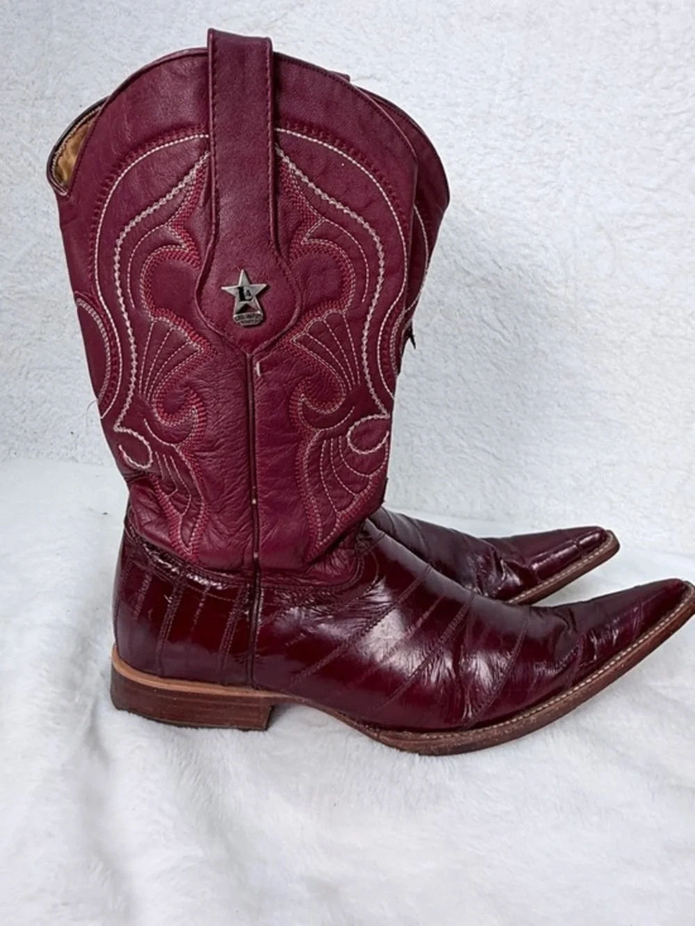 Los Altos Boots Mens 9 Genuine Eel Skin Burgundy Western Snip Toe Exotic Cowboy